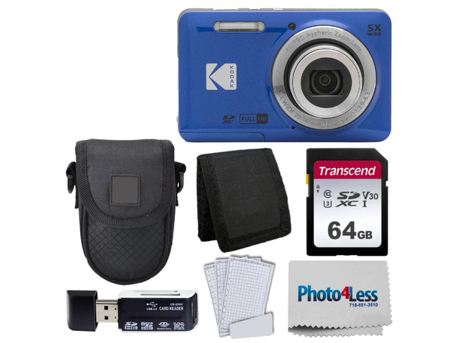 Kodak PIXPRO FZ55 Digital Camera (Blue) + Black Point & Shoot Camera Case + Transcend 64GB SD Memory Card + Tri-fold Memory Card Wallet + Hi-Speed...