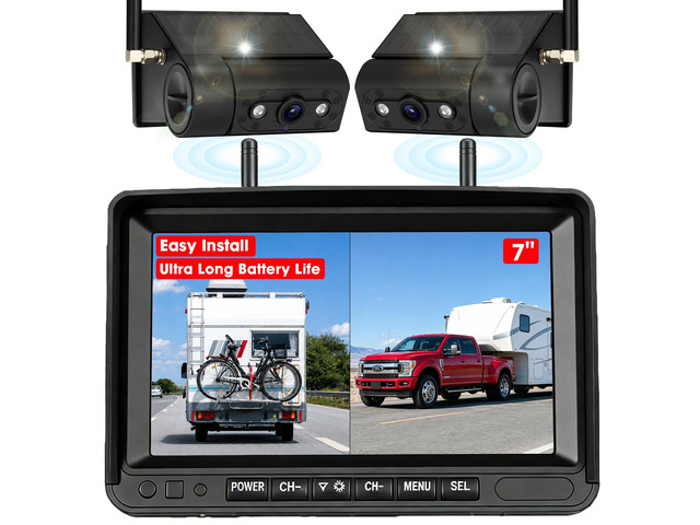 Dual Magnetic Wireless Backup Cameras with 7' HD1080P Monitor 1-Min Install No Wiring, Solar Rechargeable Waterproof IR Night Vision Wireless...
