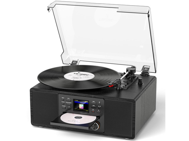 Bluetooth Vinyl Record Player with CD & Internet Radio, 3-Speed Belt-Drive Turntable with USB Recording, AUX/RCA Output, Tone & Remote Control,...