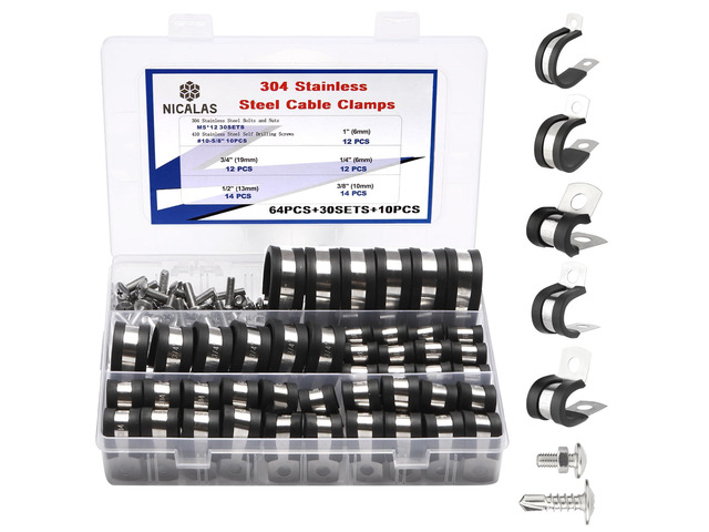 134 PCS Cable Clamps Kit, Stainless Steel Rubber P Clamp Assortment 5 Common Sizes,304 stainless steel with rubber cushion, includes screws, for...