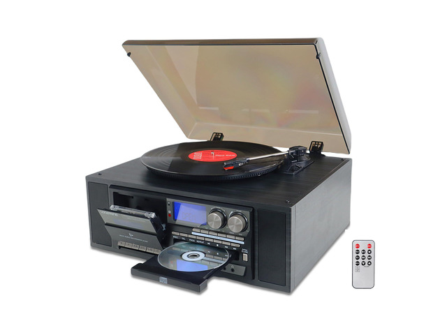 10 in 1 Vinyl Record Player 3 Speed Bluetooth Vintage Automatic Turntable CD Cassette Player AM/FM Radio USB Recorder Aux-in RCA Line-Out (Black)