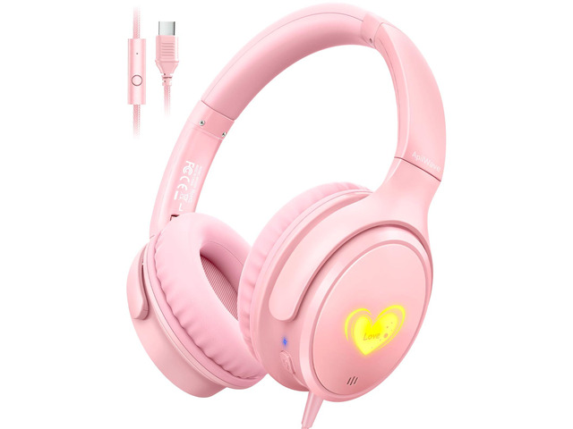 Kids Headphones Wired with HD Mic, USB C Headphones, Over Ear Headphones LED Lights, 94dB Volume Limit, Stereo Sound Portable Foldable...
