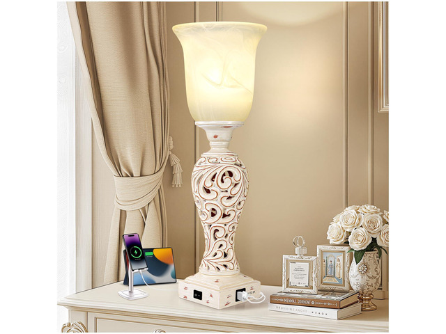 20' Bedside Lamp for Bedroom, 3-Way Dimmable Bulb Include, Washed White Torchiere Uplight, 2 USB Ports, Vintage Desk Lamp with Glass Shade, Retro...