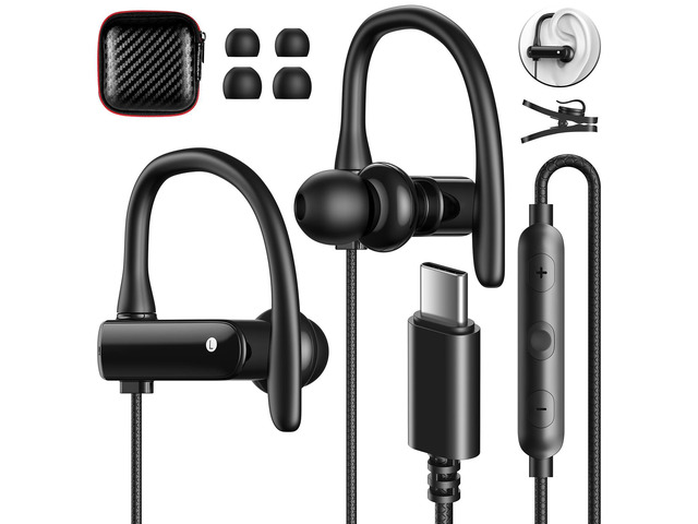 USB C Headphones Over Ear Hook for iPhone 17 16 15 Pro Max Plus Wrap Around Ear Bud with Mic Type C Earphone Running Sport Wired Earbuds for...