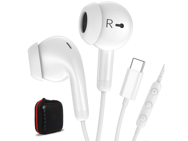 USB C Earbuds Headphones for iPad 10th Gen/iPhone 17 16 15 White USB-C Wired Earphones with Mic Volume Control Noise Isolating HiFi Stereo Type C...