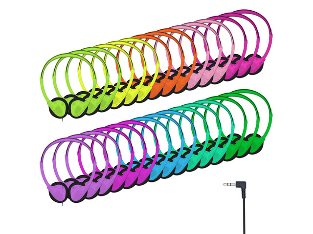 20 Pack Headphones for Kids Students School Classroom Adjustable, 3.5mm Jack, Multi Color, Bulk Earphones for Library Children Adults