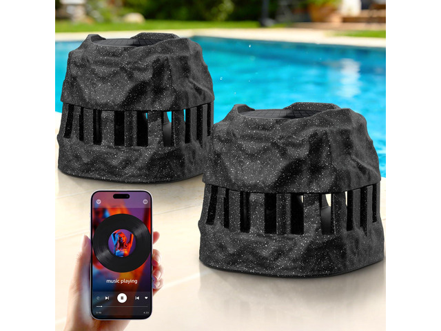 2-Pack Solar Powered Rock Speakers Waterproof Patio TWS Pair, 2 in 1 Charging, Rechargeable Outdoor Rock Speaker, IP44 for Pool Party Yard Outside...