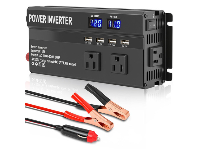 1200W Power Peak Inverter, with Fast Charging 2.4A 4 USB and 3 AC Outlets Car Power Inverter 12v to 110v for Vehicle Power Needs, Road Trips,...