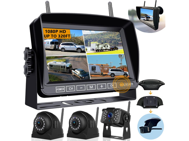 Wireless Backup Camera for RV Truck Trailer Camper Bus 5th Wheel 3 Rear/Side View Cameras 1080P 4-Split 7' Screen with Adapter for Furrion...