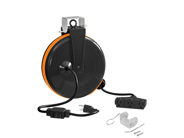 30 Ft Retractable Extension Cord Reel, 16/3 Gauge SJTOW Power Cord with 3 Electrical Outlets Pigtail for Garage and Shop, 10 Amp Circuit Breaker,...