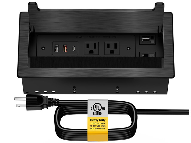 Conference Table Power Hub, Outlet Multimedia Connectivity Box with 1 HDMI + 1 RJ45 + 20W USB C + 2 USB A + 2 AC Outlets, Heavy Duty Metal Table...