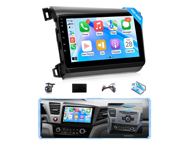 8Core 4G + 64G Android Car Stereo for Honda Civic 2012 to 2015 Apple CarPlay Android Auto, 9IN IPS Touch Screen for Civic Car Play Unit with GPS...