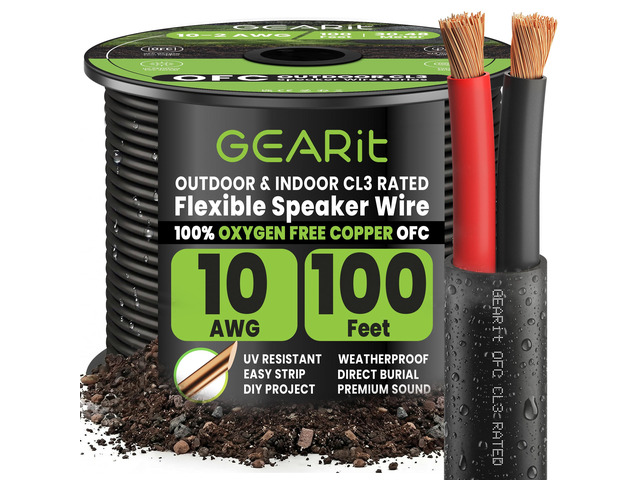 Outdoor Speaker Wire CL3 Rated, 10 Gauge Speaker Wire, Speaker Cable 100 ft for Outdoor Speakers, Patio, Garden, Backyard Audio, Direct Burial in...