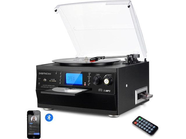9-in-1 Record Player with Stereo Speaker, 3-Speed Turntable for Vinyl, CD/Cassette Player, Bluetooth, USB/SD Playback, AM/FM Radio, Aux-in, Remote...