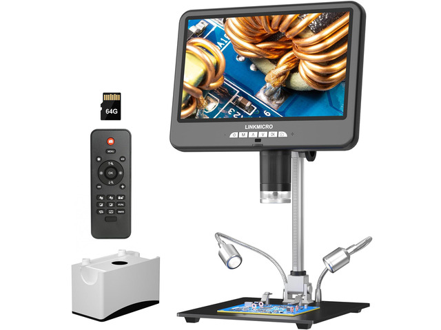 LM210S 10.1'' 4K 60FPS HDMI Digital Microscope for Soldering Electronics, 4K UHD Video, 64MP USB Coin Magnifier Full View for Adults with Audio, 64GB