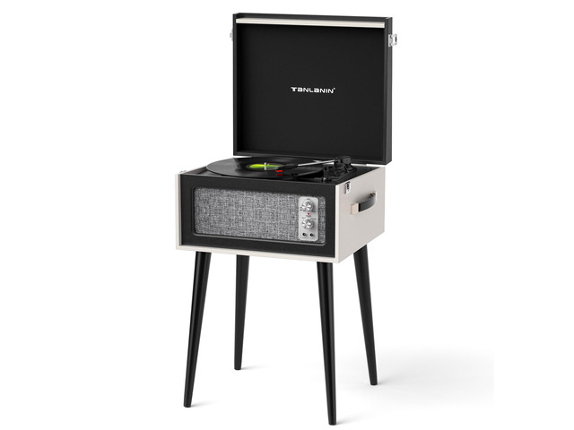 Vintage Standing Black Vinyl Record Player with Detachable Legs, Built-in 4 Speakers, USB to PC Encoding, 33/45/78 RPM LP Player Bluetooth Retro...