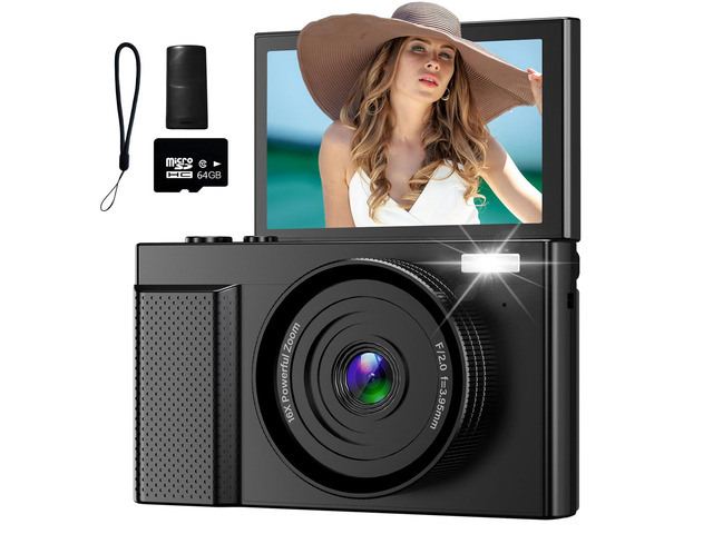 4K Digital Camera for Photography, 64MP Vlogging Video Camera for YouTube with 3'' 180°Flip Screen, 64GB Micro SD Card, 16x Digital Zoom Point...