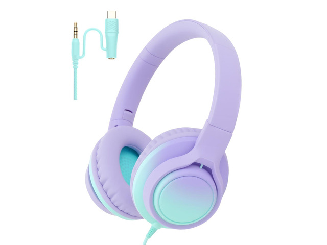 USB C & 3.5mm 2 in 1 Wired Headphones, Stereo Over Ear Headphones with HD Mic, Tangle-Free Nylon Cord, Foldable Earphones for iPad, Tablet, Laptop,...