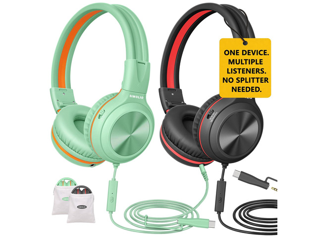 2Pack Wired Headphones with Share Port, USB C to 3.5mm Dongle, 3-Level Volume Limiter & Microphone, Passive Noise Isolating, Foldable Over-Ear...