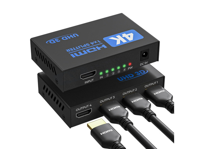 HDMI Splitter 1 in 4 Out, 4K Splitter for 4 Monitors, 4 Way HDMI Distribution, Multi HDMI Adapter for PC, Laptop, HDTV, Projector,1 Input 4...