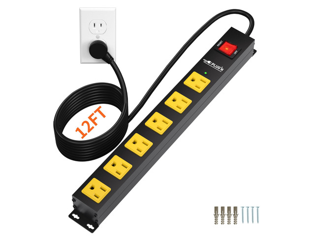Power Strip 2700J Surge Protector, Heavy Duty Power Strips with 12FT Long Cord and Flat Plug, Wall Mountable Metal 6 Outlet Strip for Desk, Garage,...