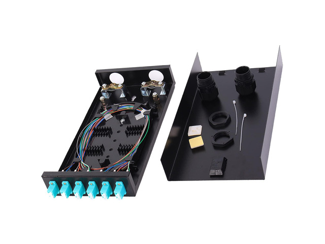 6Port Wall Mount Fiber Enclosure with Spool LC-MM OM3 Multimode Kit (Includes 1 Meter 12 Strand LC-UPC OM3 Pigtail and 6 Port Duplex LGX Loaded Panel)