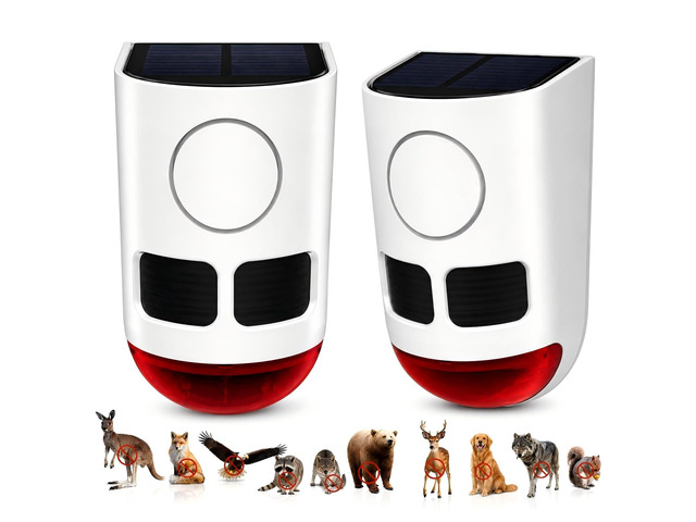 Solar Motion Sensor Alarm Outdoor Dog Barking Alarm 4 Mode 129dB Loud Sound Noise Maker IP65 Waterproof Motion Detector with Strobe Light for...