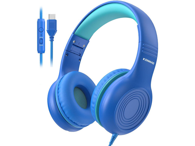 Upgrade USB Type C Kids Headphones, Wired Headphones for Kids with Microphone for Boys Girls, Adjustable 85dB/94dB Volume Limited (Navy/Blue)