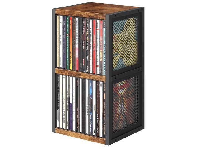 CD Holder Desk Rack Organizer, Wooden CD Storage Stand Holds up to 30 Cd Cases, 2 Tier CD Tower with Mesh Sides, Retro Small CD Display Shelf for...