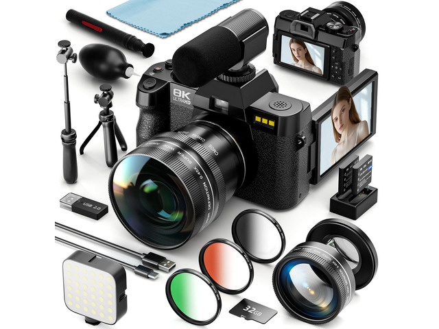 8K 64MP Digital Cameras for Photography,16X Zoom,3 Color Filters 180°Flip Screen2 Batteries, 32GB TF Card,WiFi,Microphone, Tripod, Wide & Macro...