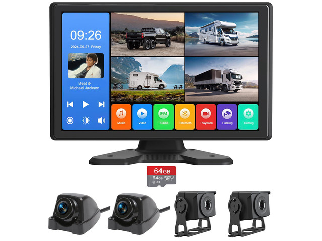 4 Channel Backup Camera System,Touchable 10.26 inch Monitor with DVR Stereo, 64GB Card, IP69 Waterproof, Nightvision 1080P Backup Camera for...