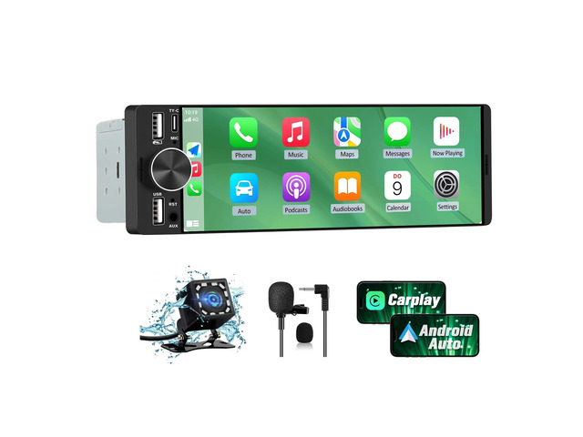 6.36' Single Din Car Stereo with Wireless CarPlay & Android Auto, IPS Touchscreen Head Unit with Backup Camera/External Microphone, Car Radio...