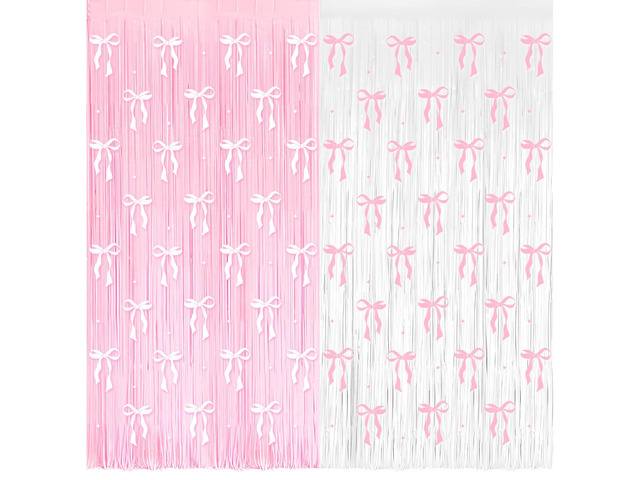 4 Pack Pink Bow Party Backdrop Decoration Pink Bow Foil Fringe Curtains for Girls Bow Birthday Baby Shower Decorations Bridal Shower Bachelorette...
