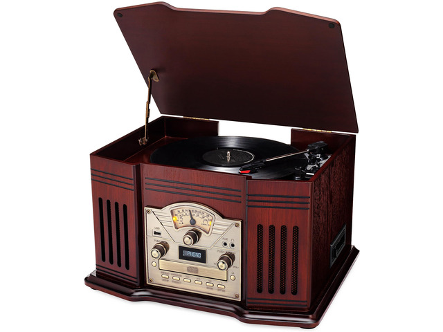 All-in-One Turntable with 3-Speed Record Player, Bluetooth, CD, Cassette Tape, AM/FM Radio, Aux, USB, Built-in Speakers, Handmade Wooden Exterior
