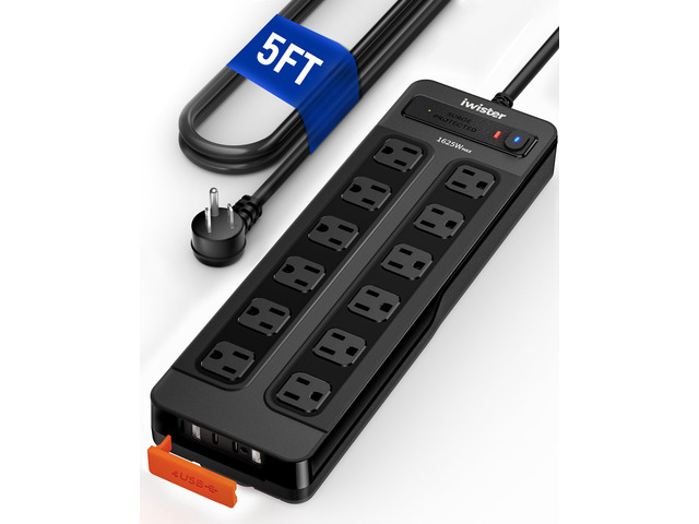 Outdoor Power Strip Weatherproof with 1800J Surge Protector, 15.5w, 12 AC IPX6 Waterproof, 5ft Outlet Extender with 4 USB, 1625W/13A,...