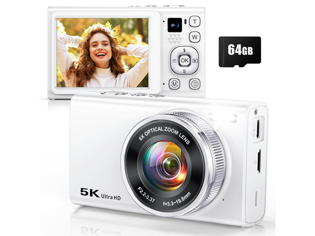 5K 96MP Digital Camera for Photography, 6X Optical Zoom Point Shoot Camera Autofocus Vlogging Camera for YouTube, 64GB Card, Selfie Lens, Flash,...
