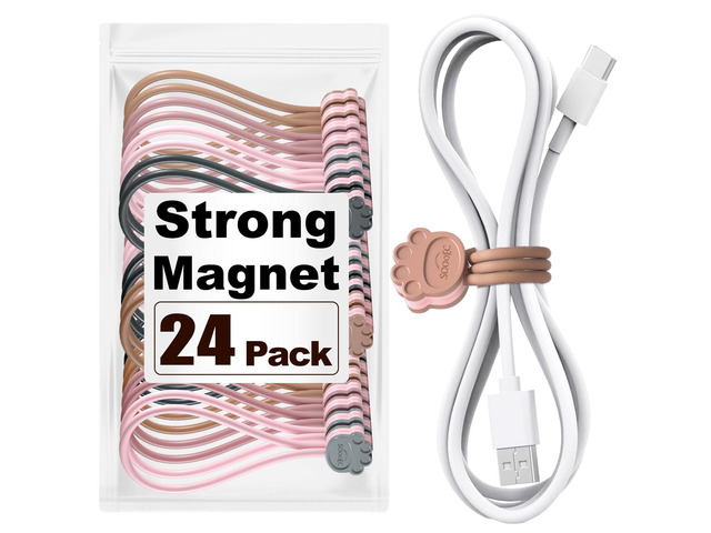 Magnetic Cable Ties 24 Pack, Dual-Color Cat Paw 7.2' Silicone Ties Strong Magnet Hold / Embedded Safe Magnet / Easy Slide Open / Flex Silicone /...