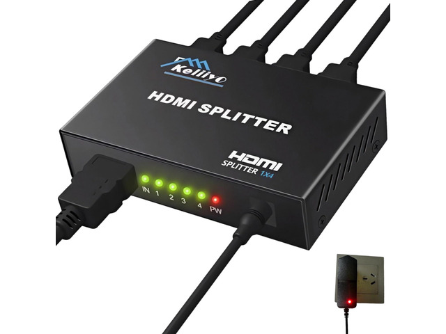 4K HDMI Splitter 1 in 4 Out 4K@30Hz Mirror, Powered for Xbox/PS5/TV Duplicate screen to 4 displays. Powered for stable signal. Plug & play. HDMI...