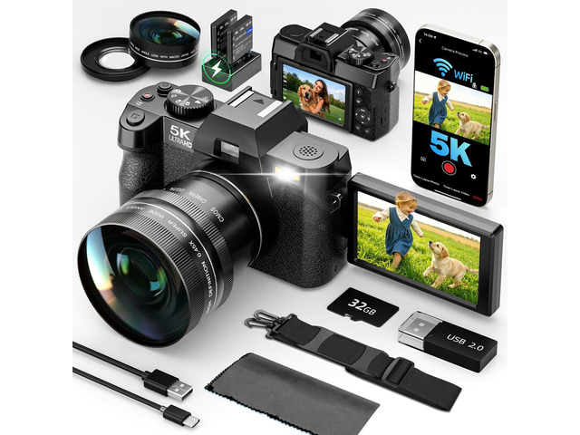 5K 64MP Digital Cameras for Photography with Dual-Lens WiFi Vlogging 16X Zoom All-in-One Camera Kit for Beginners with 180° Flip Screen, 16X...