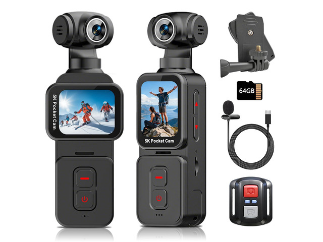 Vlogging Camera with 270° Motorized Rotating Lens and Face Tracking, 5K Portable Wearable POV Body Cam for Solo Creators and Travel, External Mic,...