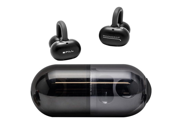Pill Open Ear Headphones Bluetooth 6.0 OWS Hanging Earphones IPX4 Open Ear Clip Wireless Earbuds Built-in AI ENC MD-0WS-003 (Black)
