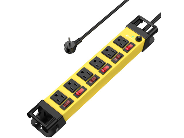 6 Outlet Power Strip with 6 Individual Switches & Cord Manager 1200J 6FT Wall Mount Heavy Duty Power Strip Home Office Garage Industrial Workshop