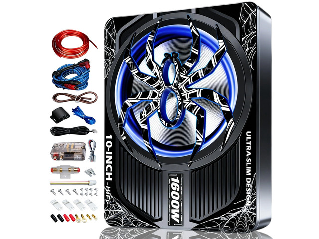 Upgraded 10 Inch 1600W Under Seat Subwoofer with Amp, Powered Slim Sub, Blue LED Ambient Light, (LPF/Gain/Bass Boost) Independent Bass Knob, Car...