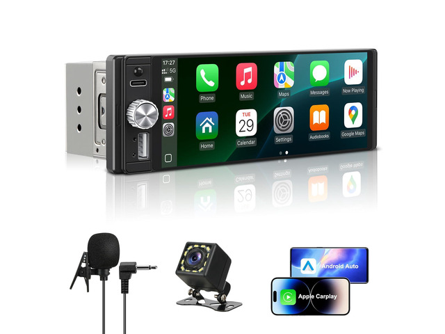 Single Din Radio Car Stereo with Apple CarPlay & Android Auto, 6.28 Inch HD Touch CarPlay Screen, Backup Cam,Bluetooth, MP5,USB Type-C, SWC, EQ, FM...