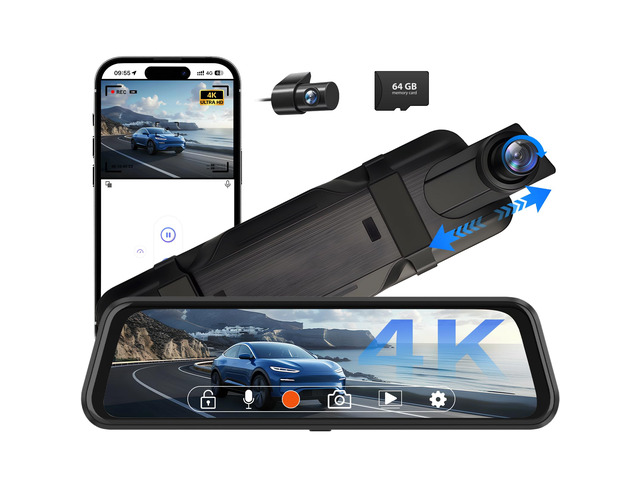 4K Rear View Mirror Camera, 10' Mirror Dash Cam Front and Rear with 64GB Card, Full Touch Screen Dash Cam with 1080P Backup Camera for Car with...