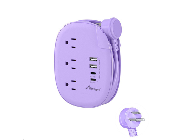 Purple Travel Power Strip,3 Outlets,4 USB Ports,3ft Extension Cord 2 USB C,3ft Purple Extension Cord,Wrapped Cord Design,45° Flat Plug,No Surge...