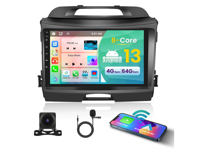 Android Car Stereo for Kia Sportage 2010-2016 Wireless CarPlay Android Auto 9 Inch Touchscreen with 8Core 4+64G, Sportage Radio with 5Ghz WiFi...