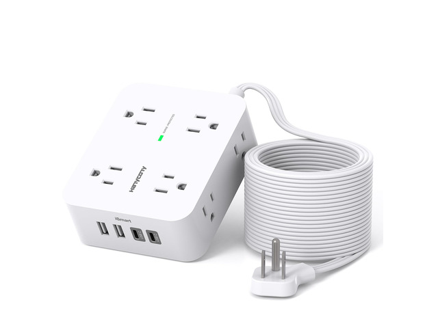 15 Ft Long Extension Cord with Multiple Outlets, Flat Plug Power Strip Surge Protector, 1080J, 8 Outlets 4 USB Ports(2 USB C), Desk Outlet...