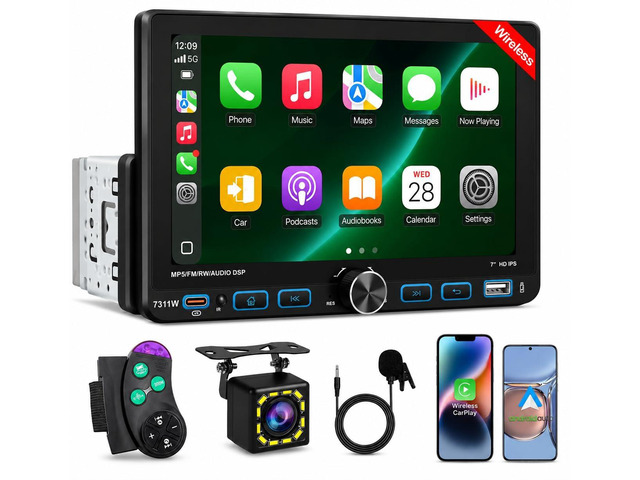 7' Single Din Car Stereo Radio with Wireless Apple CarPlay for Car IPS Touchscreen,Bluetooth 5.2,Backup Camera,FM/AM/RDS,Android Auto,SWC,GPS...