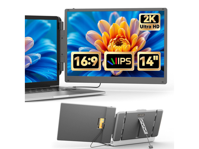 14' 2K Ultra-Clear Laptop Screen Extender, Portable Dual Monitor for 13-17 Inch Laptops, USB-C/HDMI Plug & Play IPS Display, Compatible with...